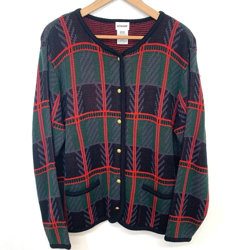 Liz Baker Vintage Sweater Blazer Medum  Green Black Plaid Button Up Pockets Boxy